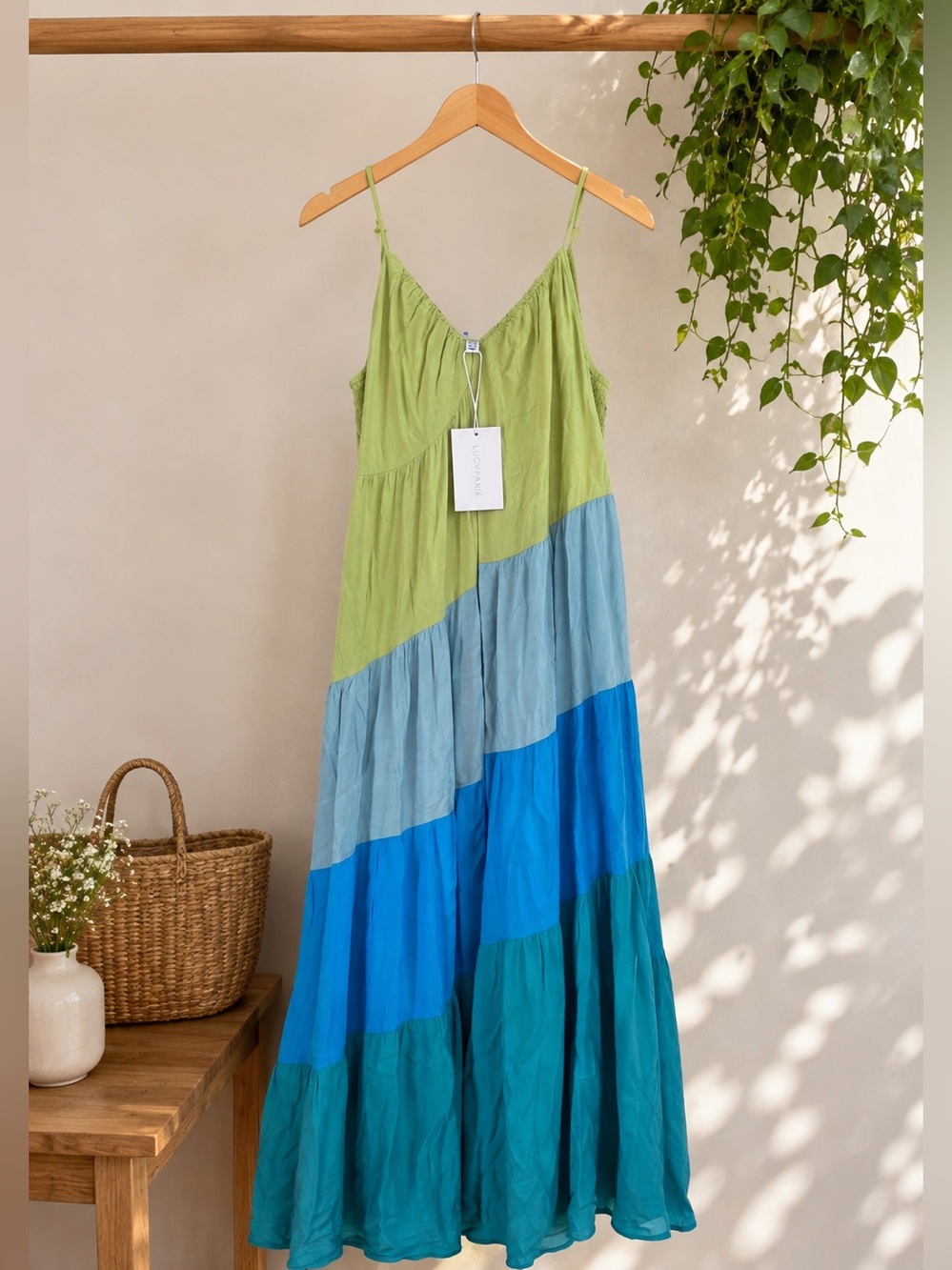 NWT Lucy Paris Colorblock Maxi Dress Blue Green Rayon Sundress XS $119